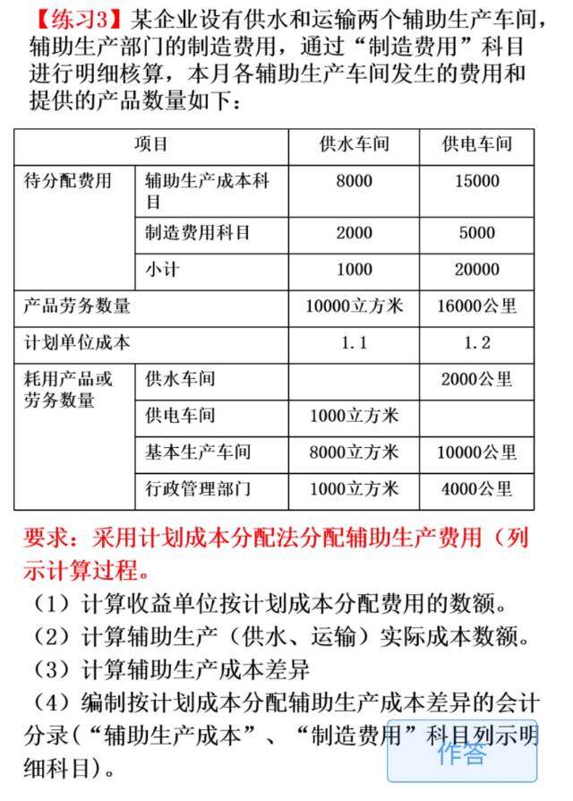 【练习3】某企业设有供水和运输两个辅助生产车间，辅助生产部门的制造费用，通过“制造费用”科目进行明细核算，本月各辅助生产车间发生的费用和提供的产品数量如下：
要求：采用计划成本分配法分配辅助生产费用(列示计算过程。
(1)计算收益单位按计划成本分配费用的数额。
(2)计算辅助生产(供水、运输)实际成本数额。
(3)计算辅助生产成本差异
(4)编制按计划成本分配辅助生产成本差异的会计分录(“辅助生产成本”、“制造费用”科且列示明细科目)。