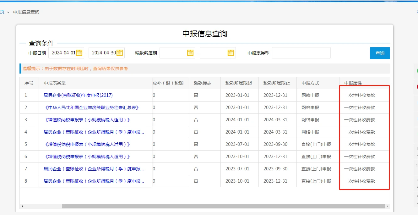 报完了，这后面申报属性怎么显示一次性补收费款