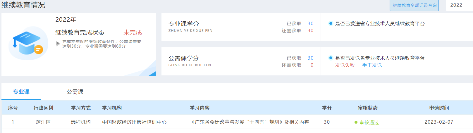 你好，之前一直是在广西做继续教育的，今年在广东做了继续教育，已经听完课程考完试了，但还是显示未完成继续教育