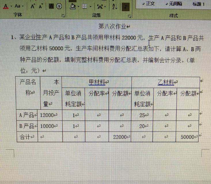 1、某企业生产a产品和b产品共领用甲材料22000元， 生产a产品和b产品共领用乙材料50000元，生产车间材料费用分配汇总表如下，请计算a、b两种产品的分配额，填制完整材料费用分配汇总表，并编制会计分录。(单位:元)<