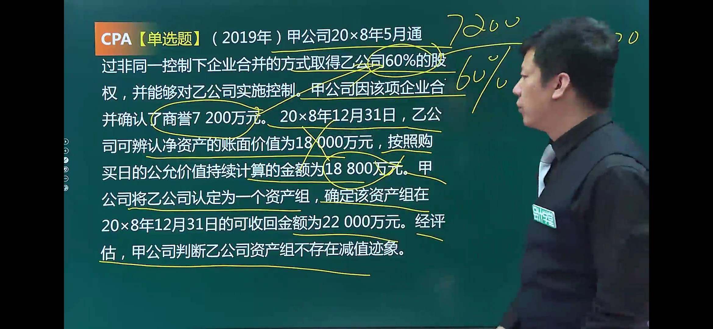 资产减值测试是拿资产账面价值和可回收金额比较，可这倒例题做减值测试时为什么拿公允价值18800加上商誉12000（7200除以60%）来作为含商誉的资产组账面价值，为什么不拿18000的可辨认账面价值，感觉这一点老师没讲清楚