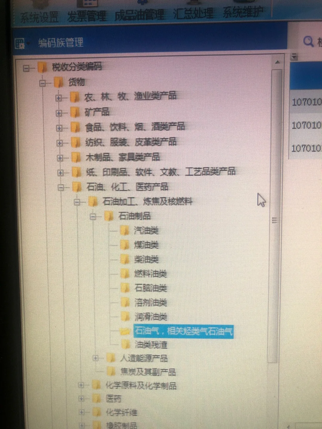 你好，老师，我家开的内容是工业白油，税收分类编码是107010199，我想问下107070799属于哪个大类？我怎么找不到？谢谢老师