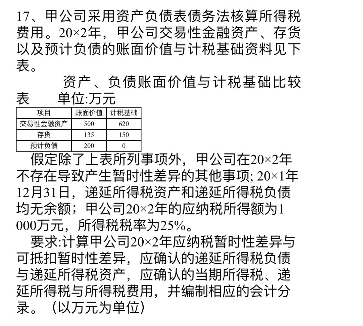 计算甲公司20×2年应纳税暂时性差异与可抵扣暂时性差异，应确认的递延所得税负债与递延所得税资产，应确认的当期所得税、递延所得税与所得税费用，并编制相应的会计分录。（以万元为单位）