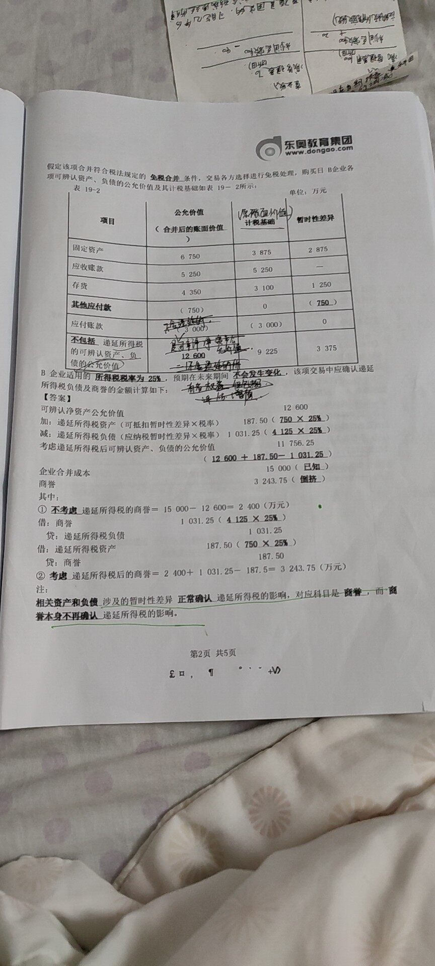 非同一控制下企业合并，满足免税合并条件的，计税基础为原计税基础，产生暂时性差异，确认递延所得税影响的同时，影响合并确认的商誉，这个递延是指在合并报表中做，还是个别报表
还有下图这道题，是指个别报表做的分录还是合并报表做的分录